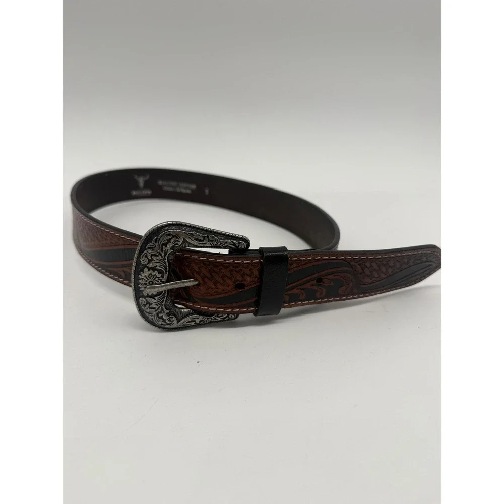 American Bison Genuine Leather Western Belt Brown Tooled Engraved Buckle Size S